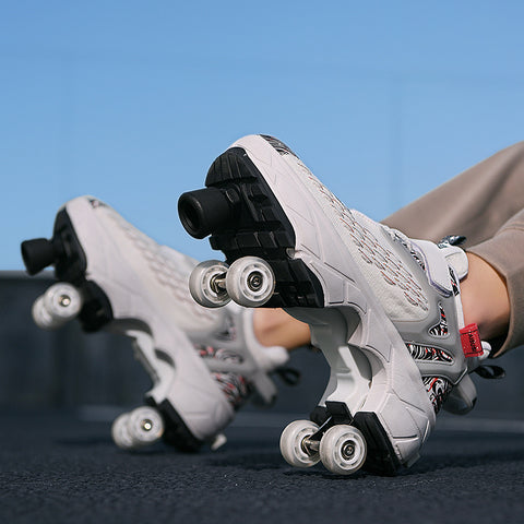 Deformed roller skates with brakes and four wheels that can walk and slide