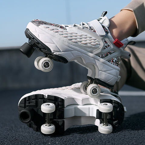Deformed roller skates with brakes and four wheels that can walk and slide