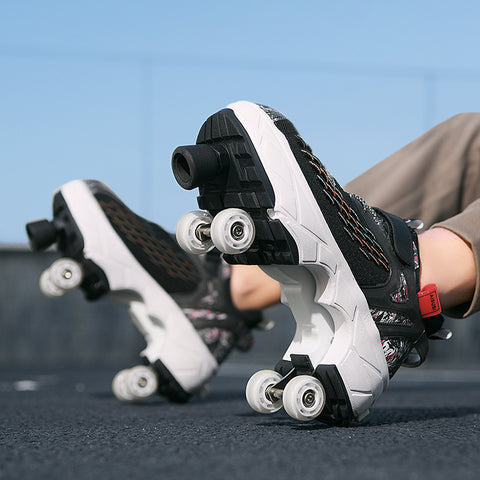 Deformed roller skates with brakes and four wheels that can walk and slide