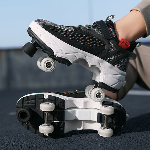Deformed roller skates with brakes and four wheels that can walk and slide