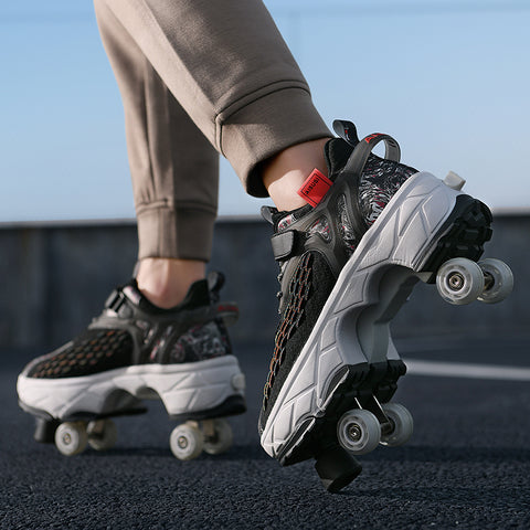 Deformed roller skates with brakes and four wheels that can walk and slide