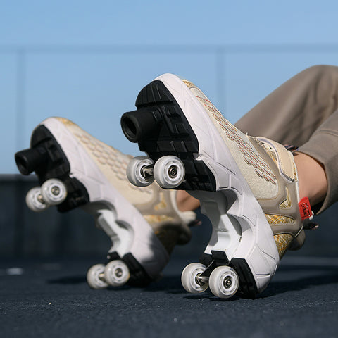 Deformed roller skates with brakes and four wheels that can walk and slide