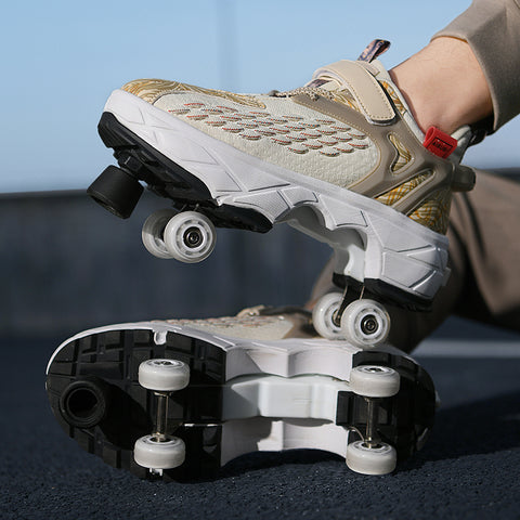 Deformed roller skates with brakes and four wheels that can walk and slide