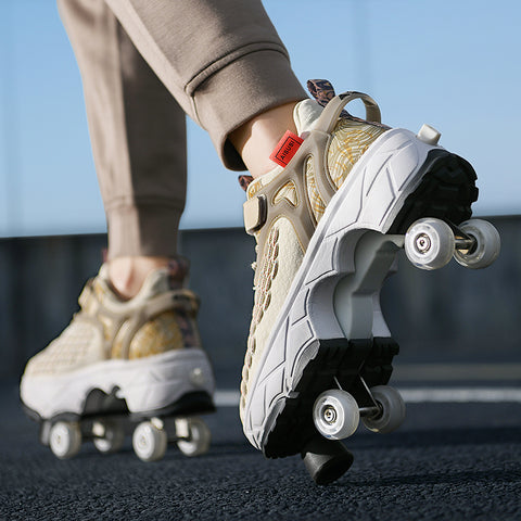 Deformed roller skates with brakes and four wheels that can walk and slide