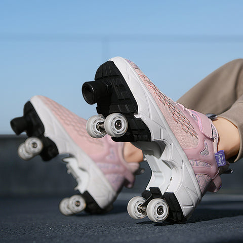 Deformed roller skates with brakes and four wheels that can walk and slide