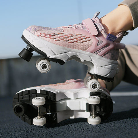 Deformed roller skates with brakes and four wheels that can walk and slide