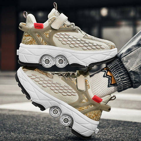 Deformed roller skates with brakes and four wheels that can walk and slide