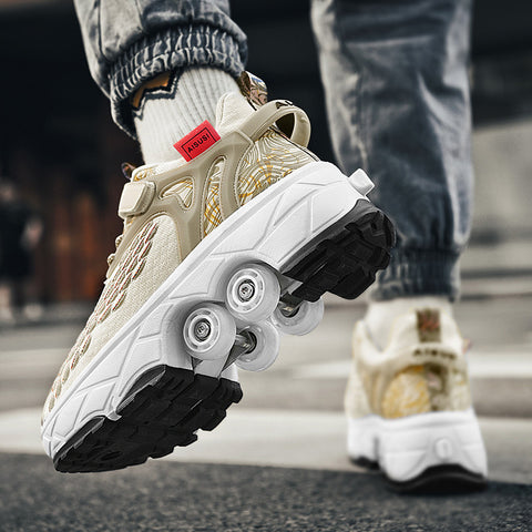 Deformed roller skates with brakes and four wheels that can walk and slide