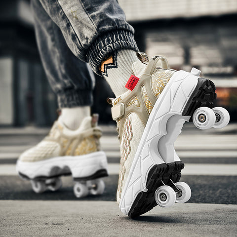 Deformed roller skates with brakes and four wheels that can walk and slide