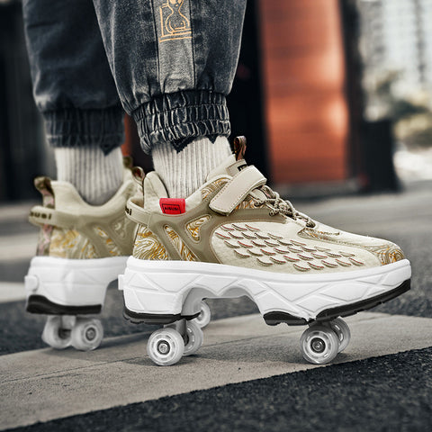 Deformed roller skates with brakes and four wheels that can walk and slide