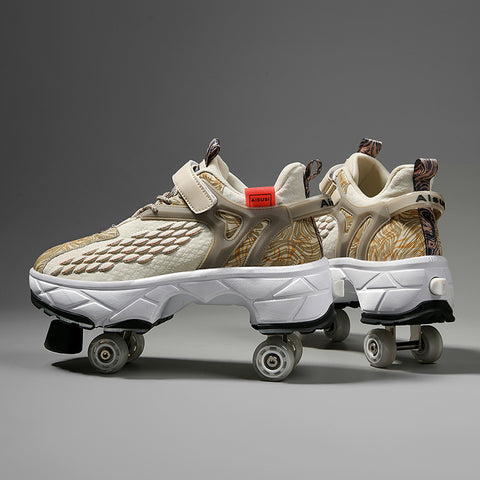 Deformed roller skates with brakes and four wheels that can walk and slide