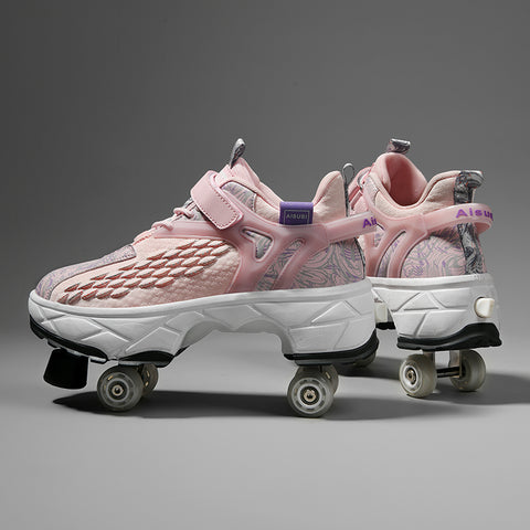 Deformed roller skates with brakes and four wheels that can walk and slide