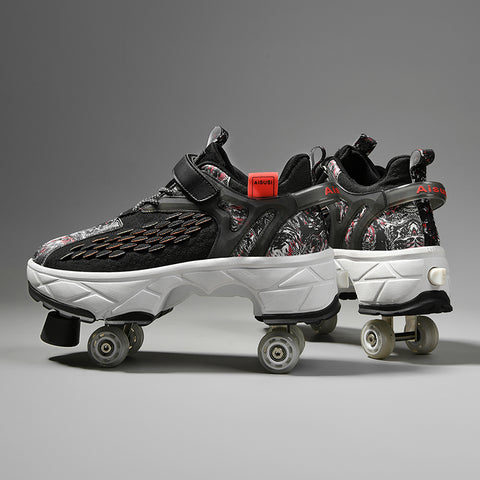 Deformed roller skates with brakes and four wheels that can walk and slide