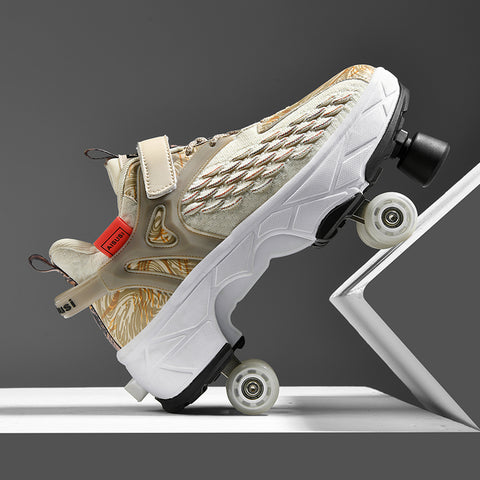 Deformed roller skates with brakes and four wheels that can walk and slide