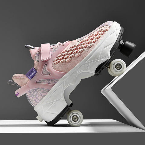 Deformed roller skates with brakes and four wheels that can walk and slide