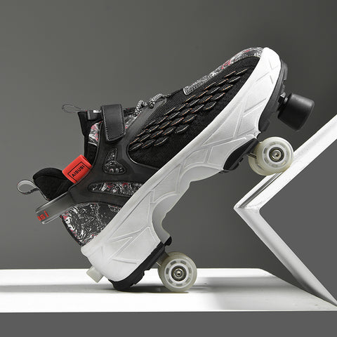Deformed roller skates with brakes and four wheels that can walk and slide